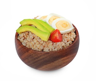Tasty boiled oatmeal with egg, avocado and tomato isolated on white