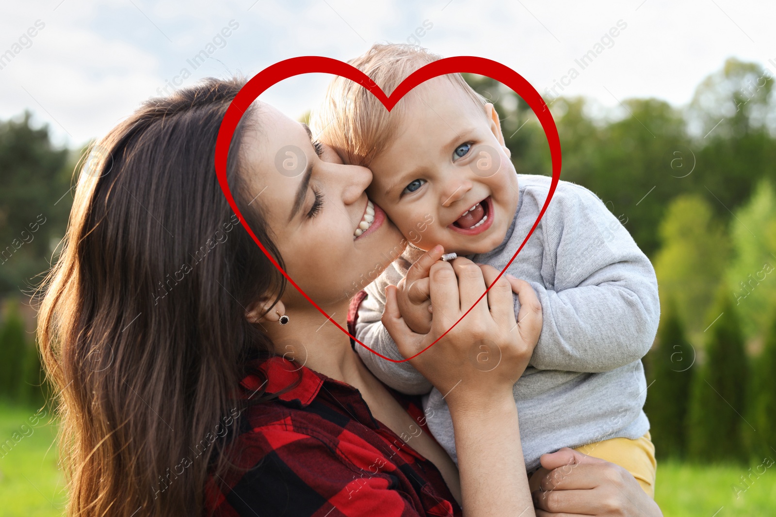 Image of Illustration of red heart and happy mother with her cute baby in park on sunny day