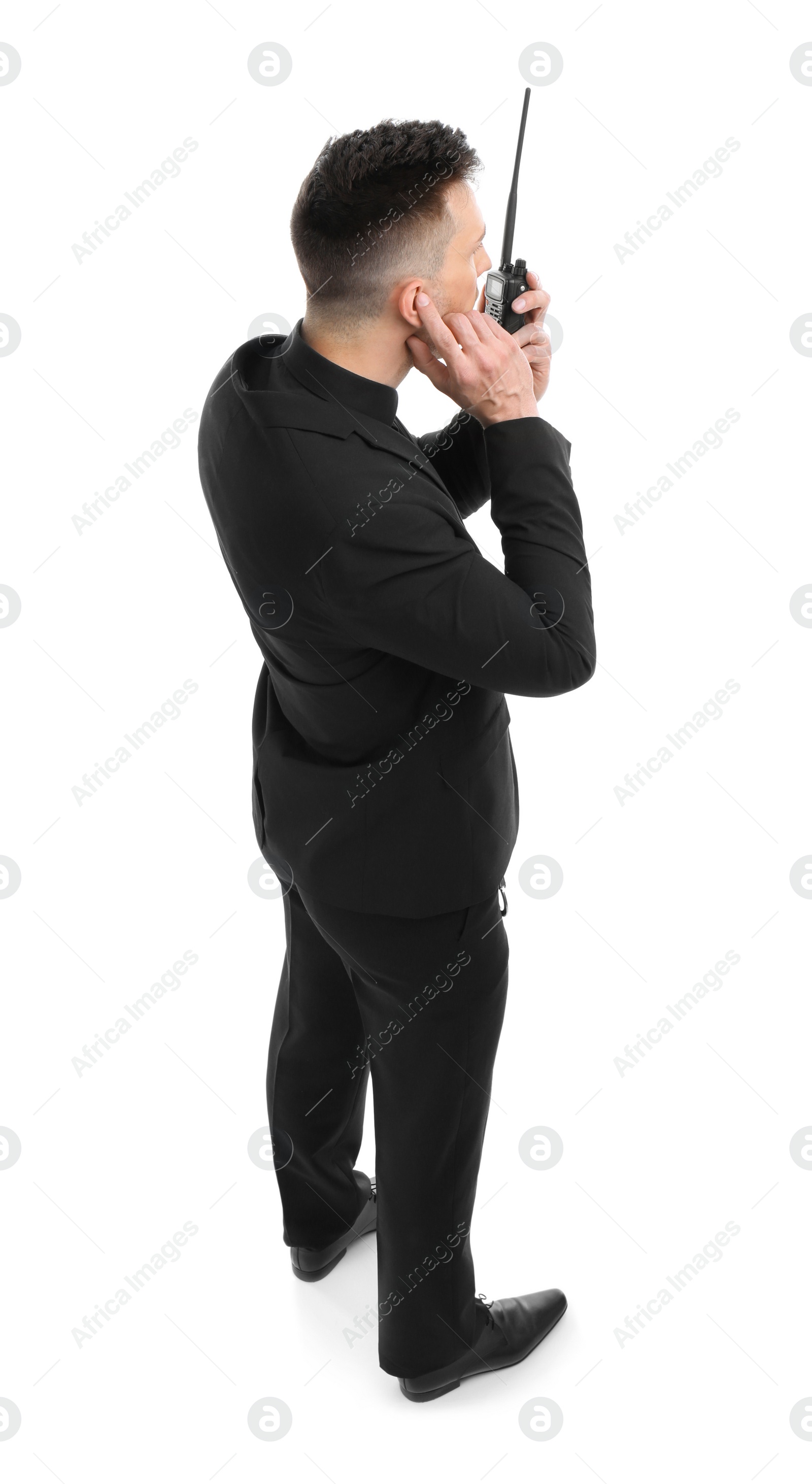 Photo of Male security guard using portable radio transmitter on white background