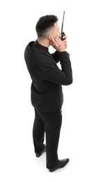 Photo of Male security guard using portable radio transmitter on white background