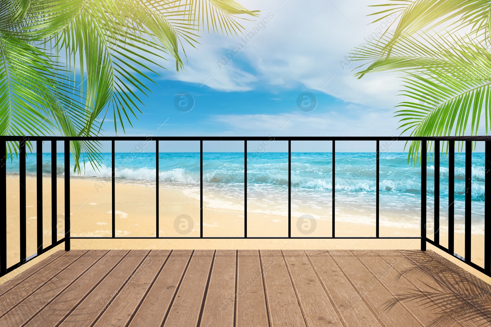 Image of Outdoor wooden terrace revealing picturesque view on ocean shore with palm trees