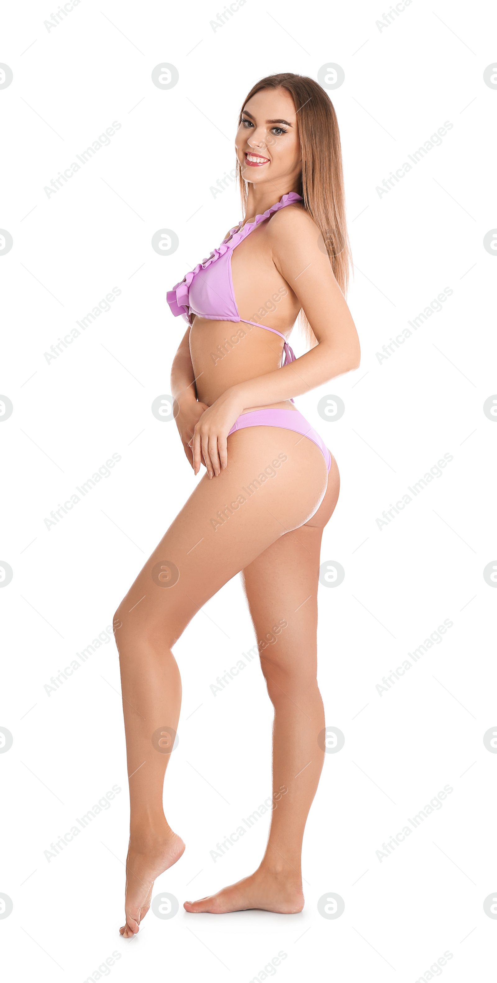 Photo of Pretty sexy woman with beautiful slim body in stylish bikini on white background