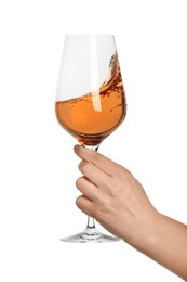 Photo of Woman with glass of rose wine isolated on white, closeup