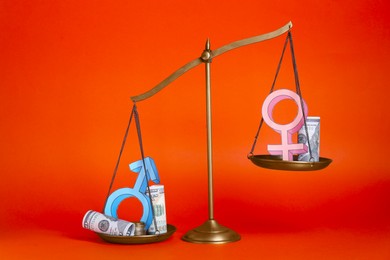 Photo of Gender pay gap. Scales with female, male symbols and dollar banknotes against red background