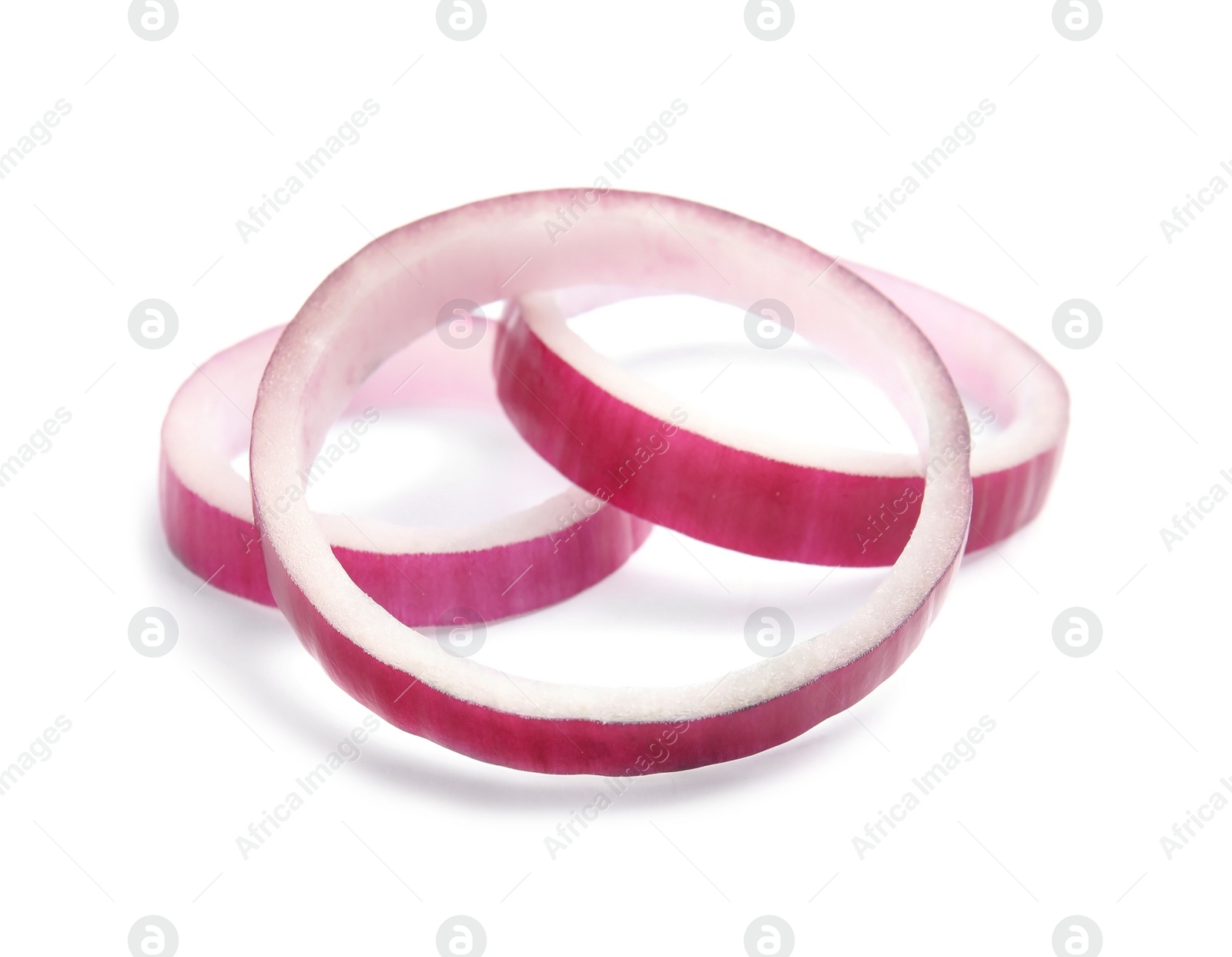 Photo of Fresh slices of red onion on white background