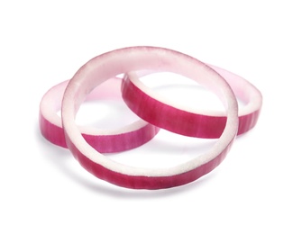 Photo of Fresh slices of red onion on white background