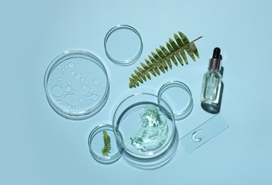 Flat lay composition with cosmetic product, fern and laboratory glassware on light blue background