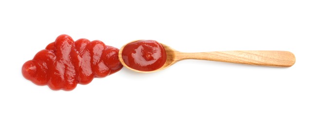 Photo of Tasty ketchup with spoon isolated on white, top view. Tomato sauce