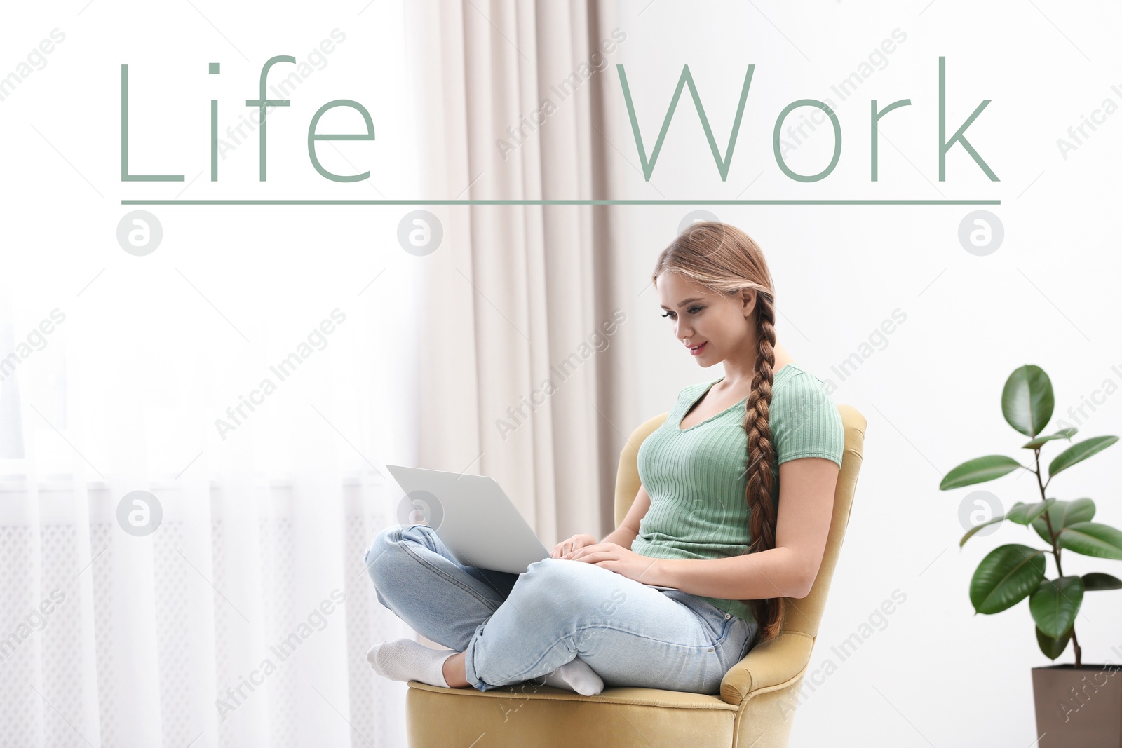 Image of Young woman with laptop sitting in armchair at home. Concept of balance between work and life