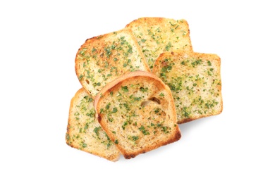 Photo of Slices of bread with garlic and herbs on white background, top view