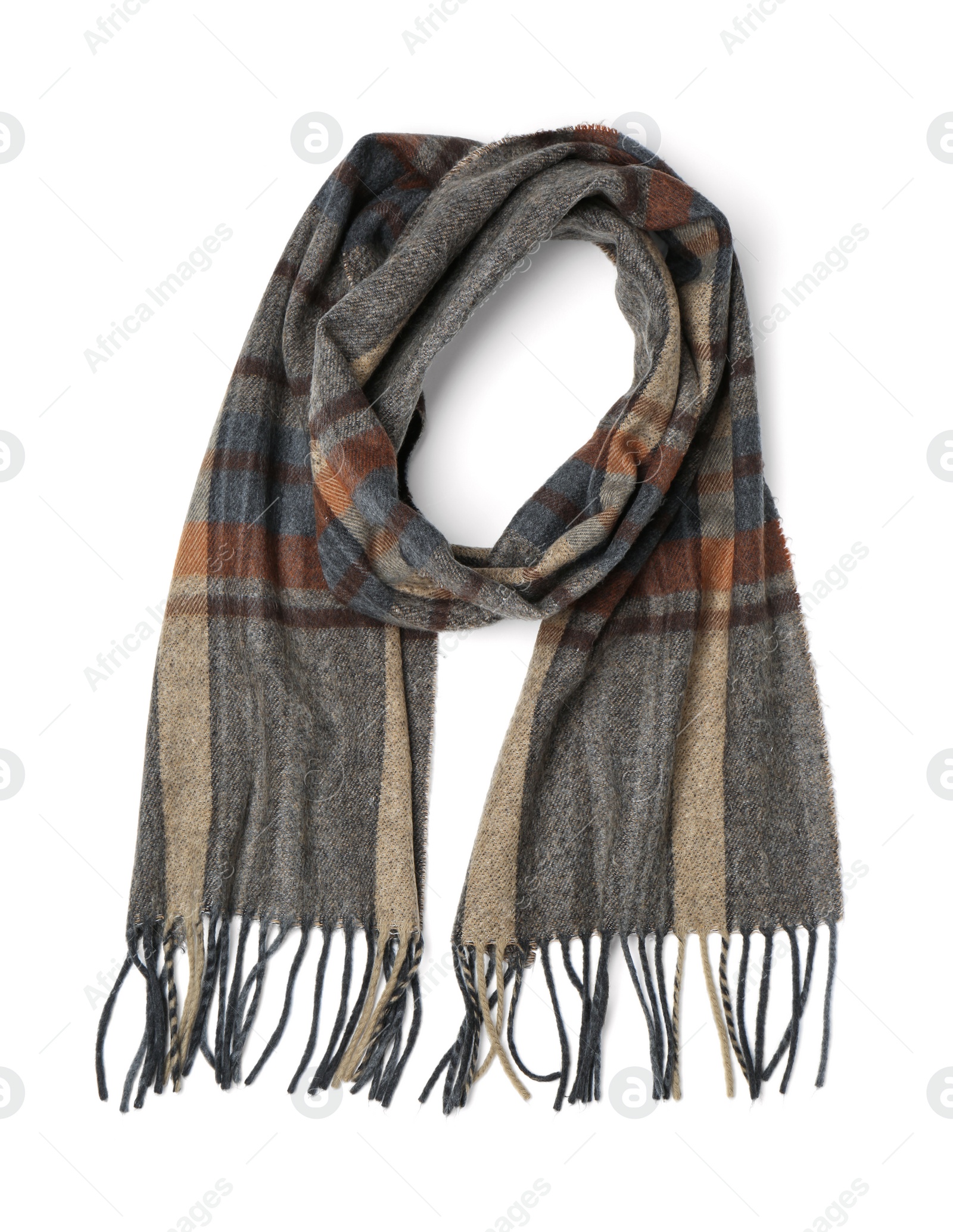 Photo of Stylish checkered cashmere scarf isolated on white, top view