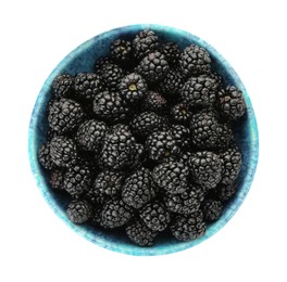 Tasty ripe blackberries in bowl isolated on white, top view