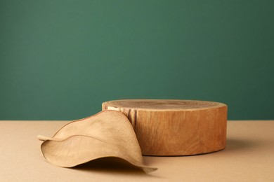 Photo of Presentation for product. Wooden podium and dry leaf on color background. Space for text