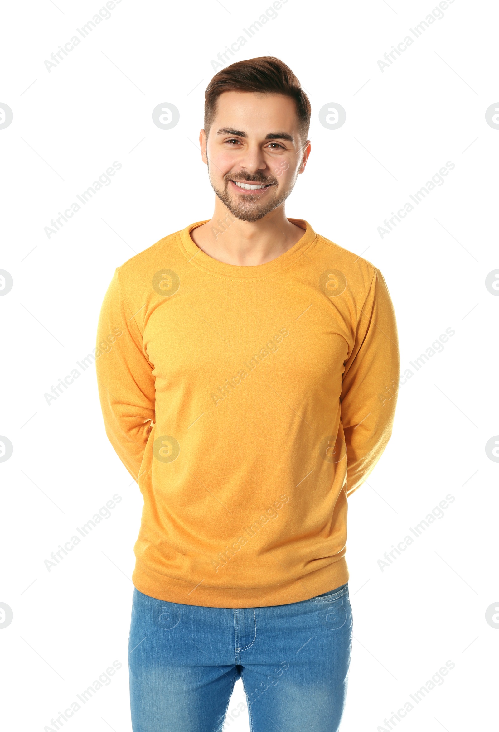 Photo of Portrait of handsome man posing on white background