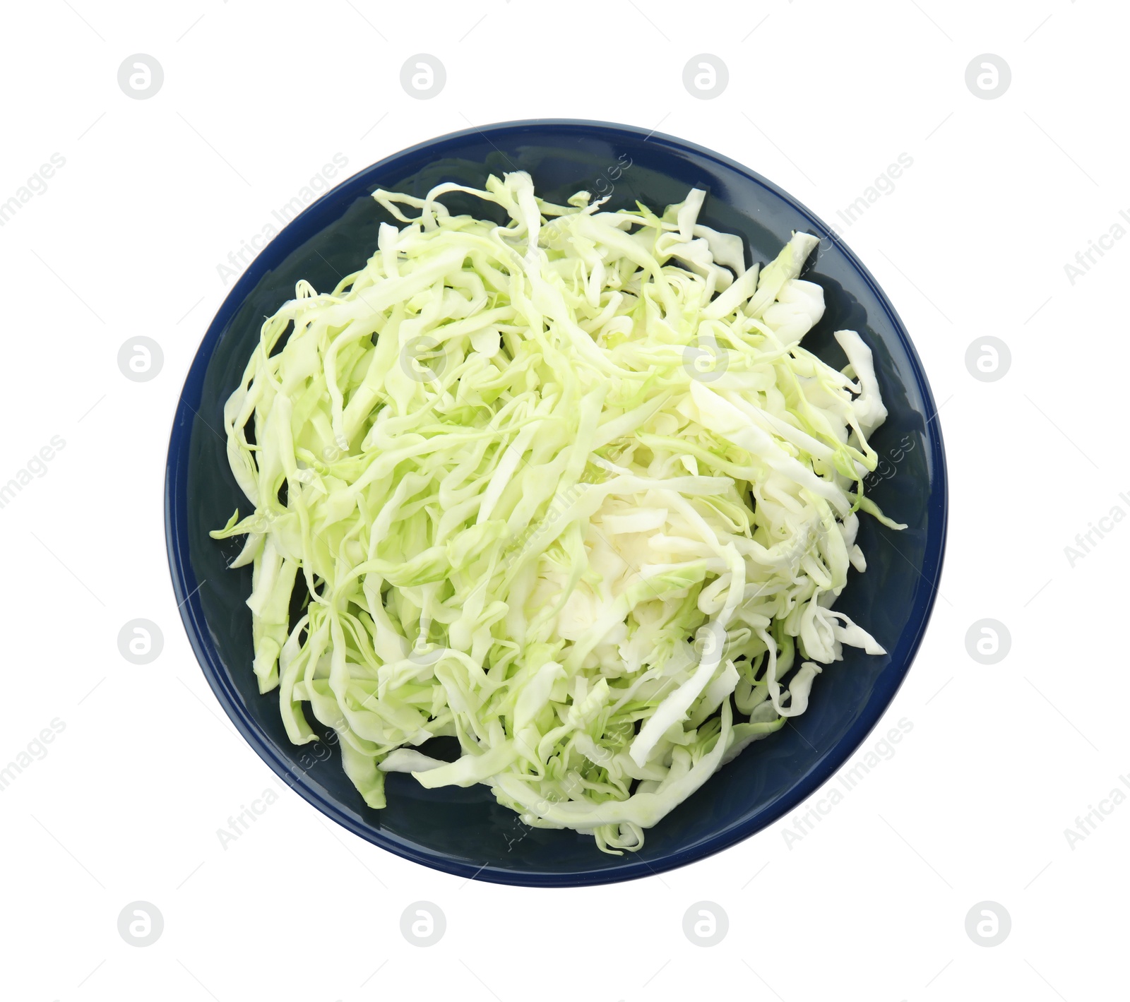 Photo of Bowl with chopped cabbage on white background, top view. Healthy food