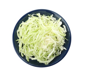 Bowl with chopped cabbage on white background, top view. Healthy food