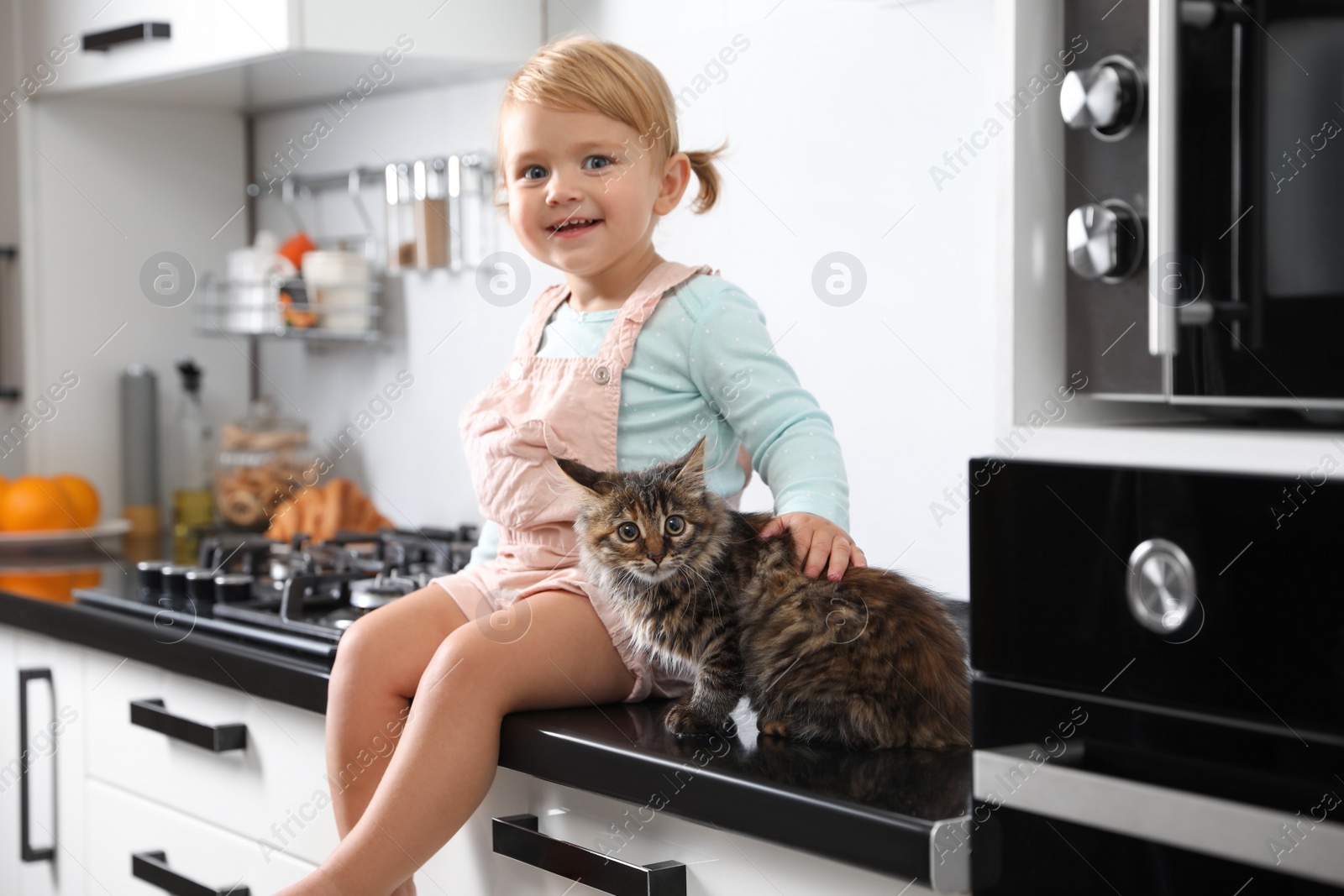 Photo of Cute little child sitting with adorable pet on countertop in kitchen