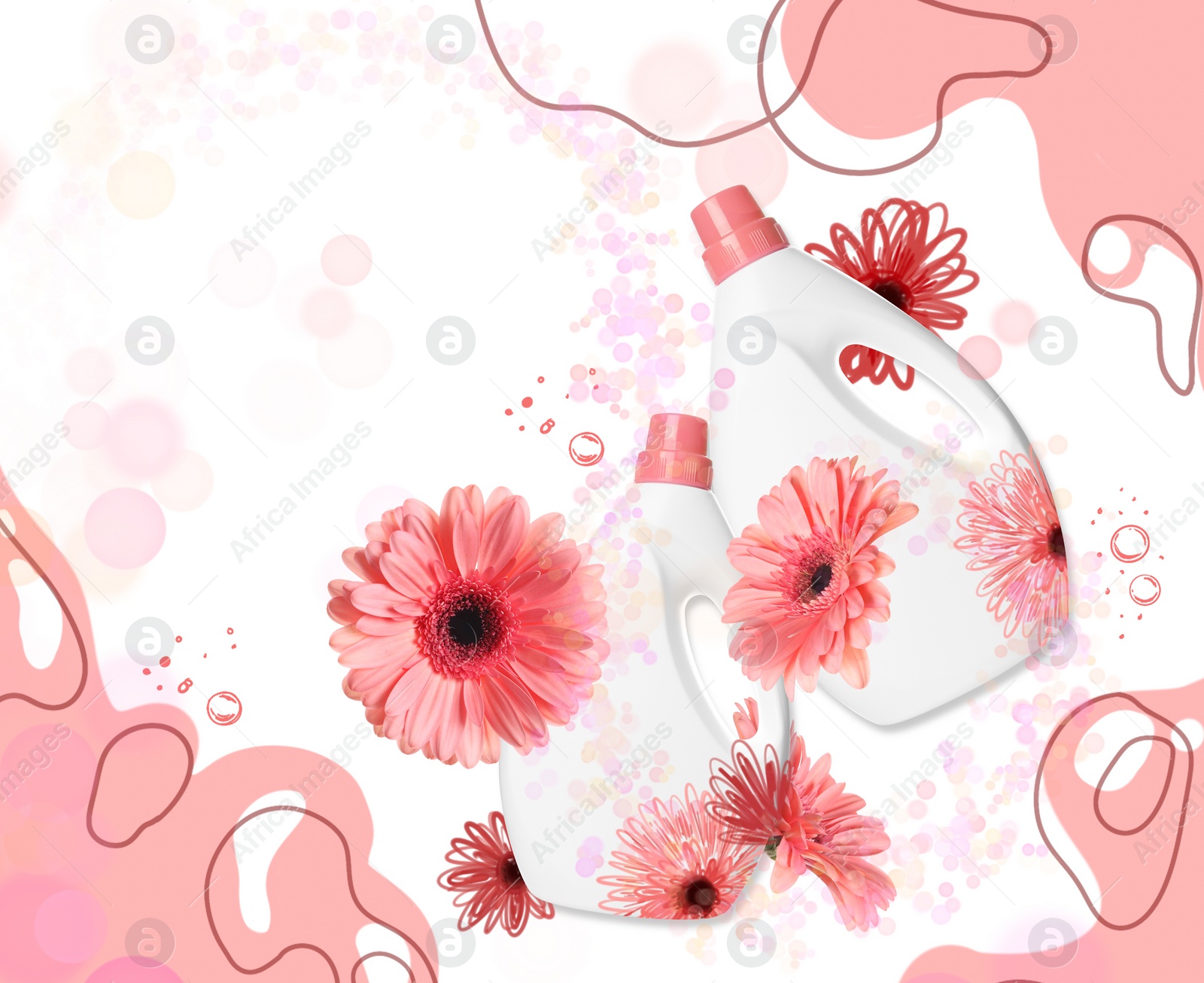 Image of Fabric softener advertising design. Bottles of conditioner and gerbera flowers on color background