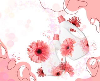 Image of Fabric softener advertising design. Bottles of conditioner and gerbera flowers on color background