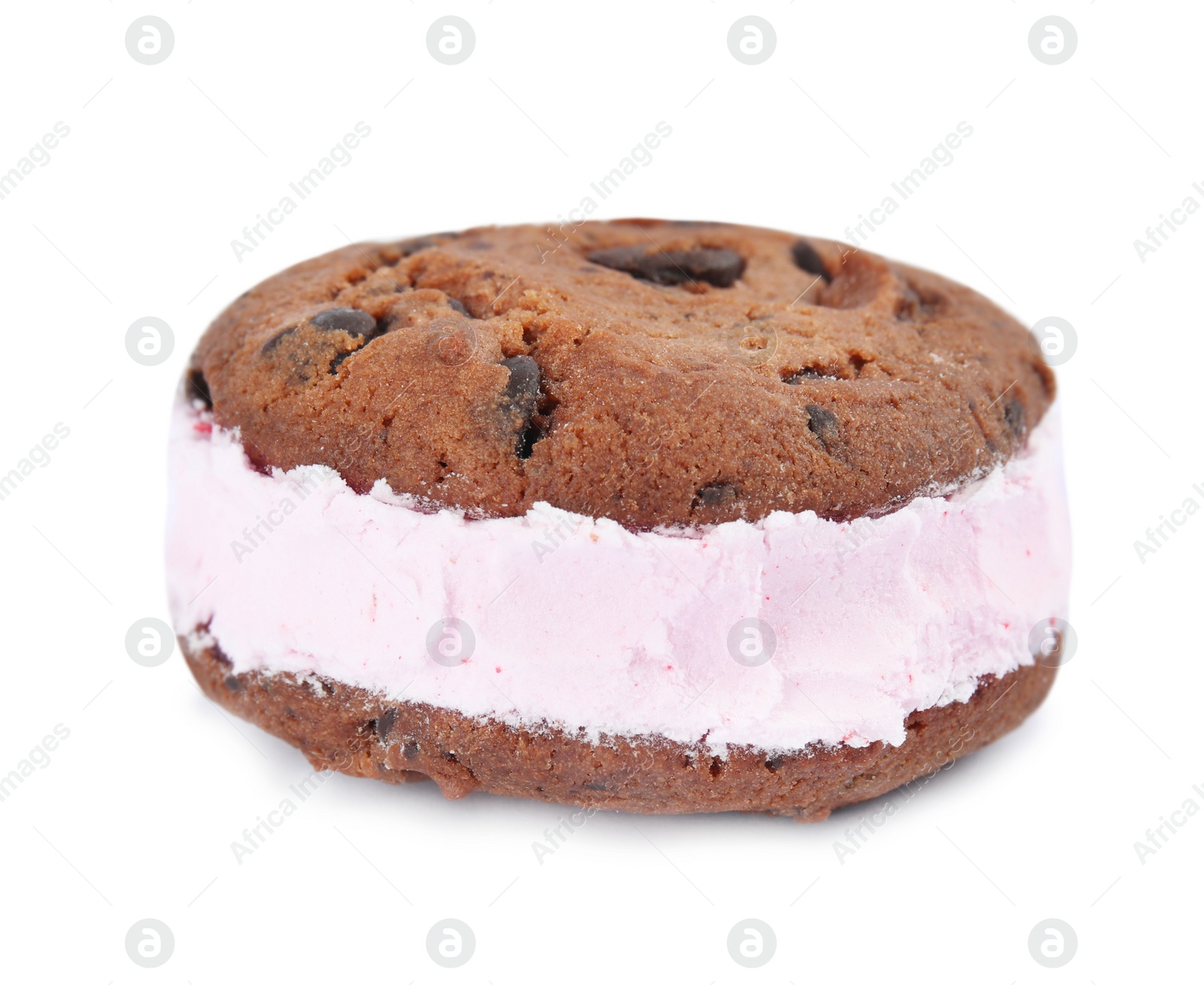 Photo of Sweet delicious ice cream cookie sandwich on white background