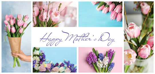 Image of Collage with photos of beautiful flowers and text Happy Mother's Day