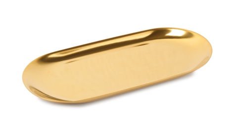 Photo of Shiny stylish gold tray on white background