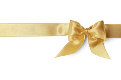 Photo of Beautiful golden ribbon with bow isolated on white, top view