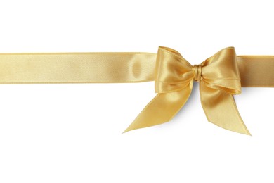 Beautiful golden ribbon with bow isolated on white, top view