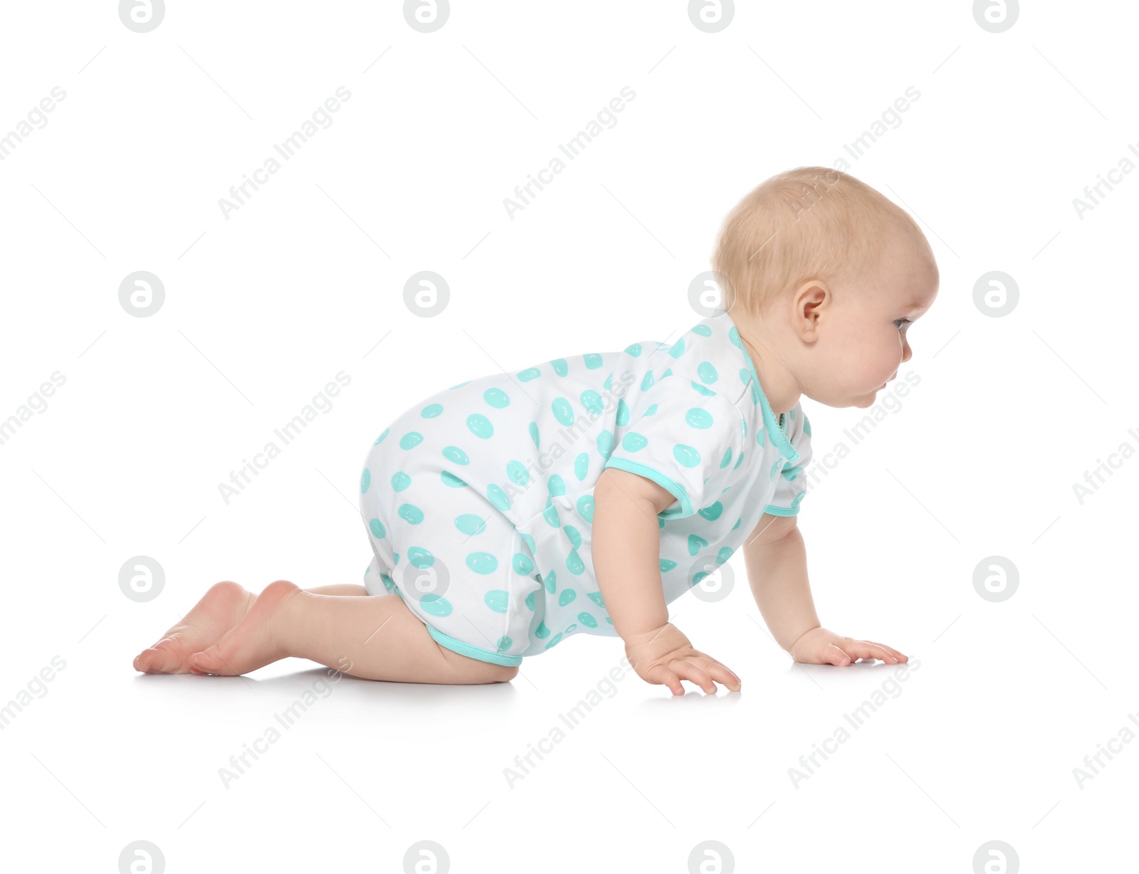 Photo of Cute little baby crawling on white background