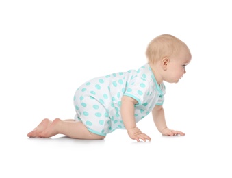 Photo of Cute little baby crawling on white background