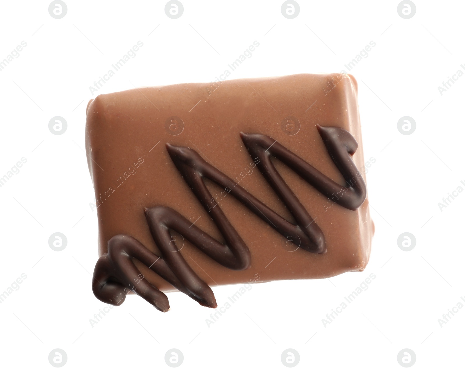 Photo of Delicious milk chocolate candy isolated on white, top view