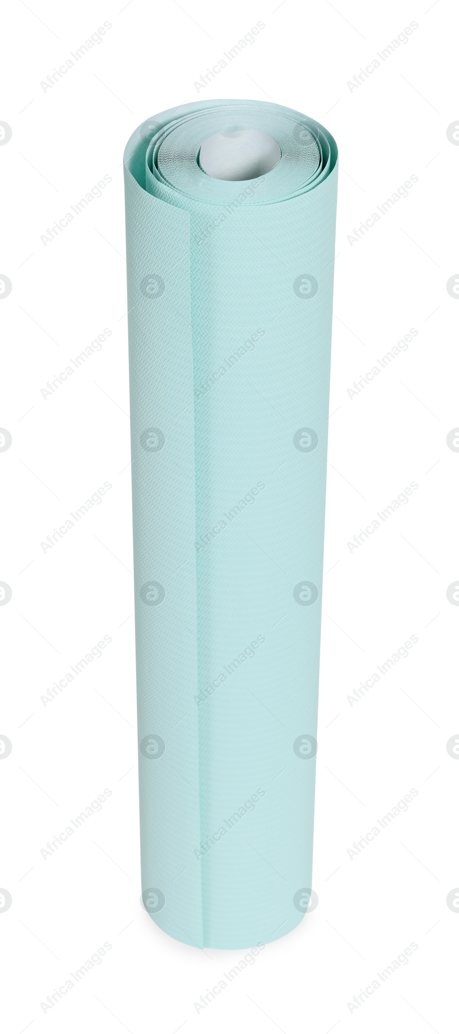 Photo of One light turquoise wallpaper roll isolated on white