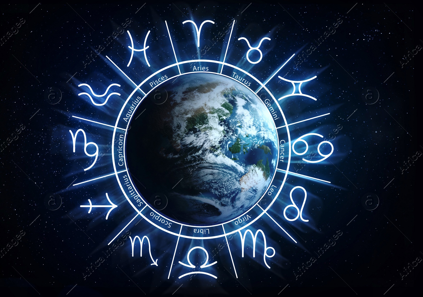 Image of Zodiac wheel with astrological signs around Earth in open space, illustration