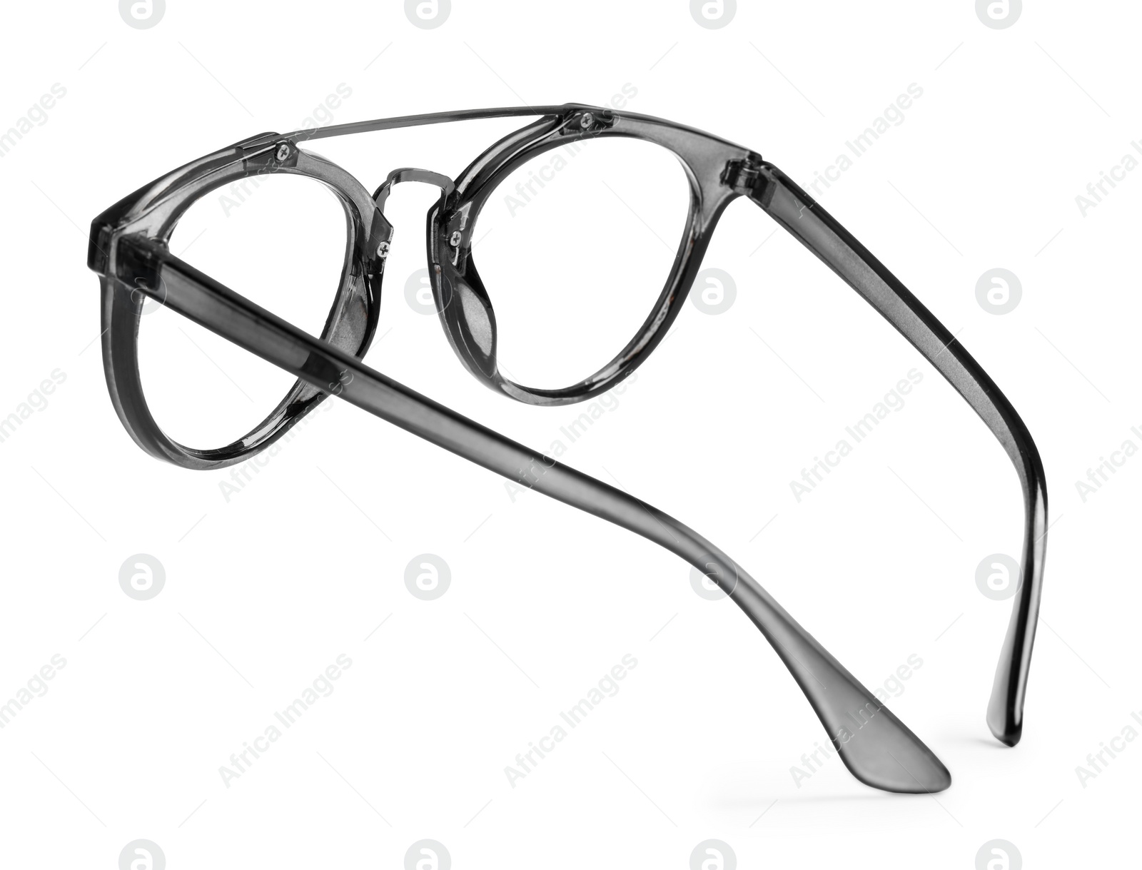 Photo of Stylish glasses with grey frame isolated on white