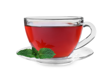 Photo of Cup with hot aromatic mint tea isolated on white