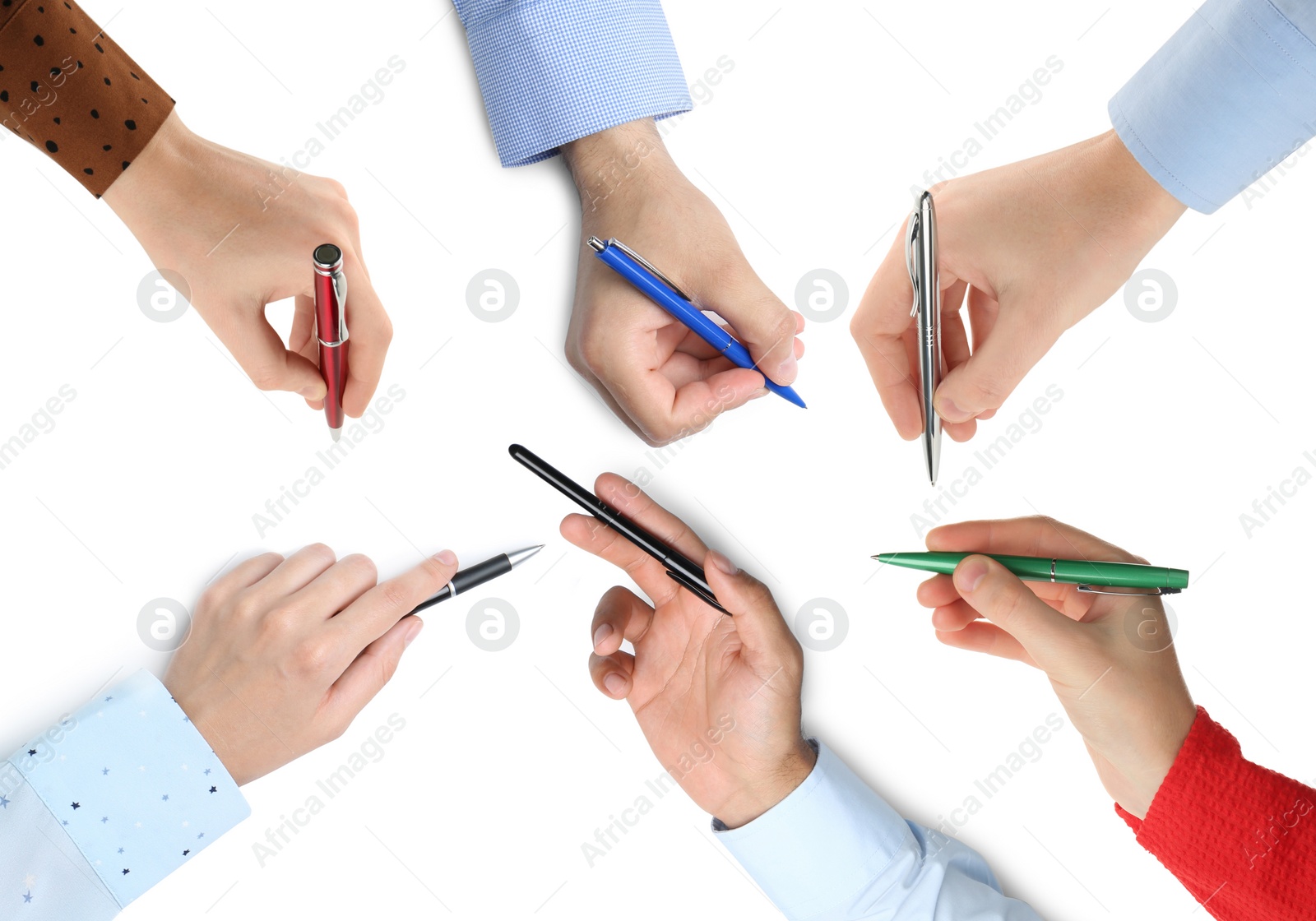 Image of Collage with photos of people holding pens on white background