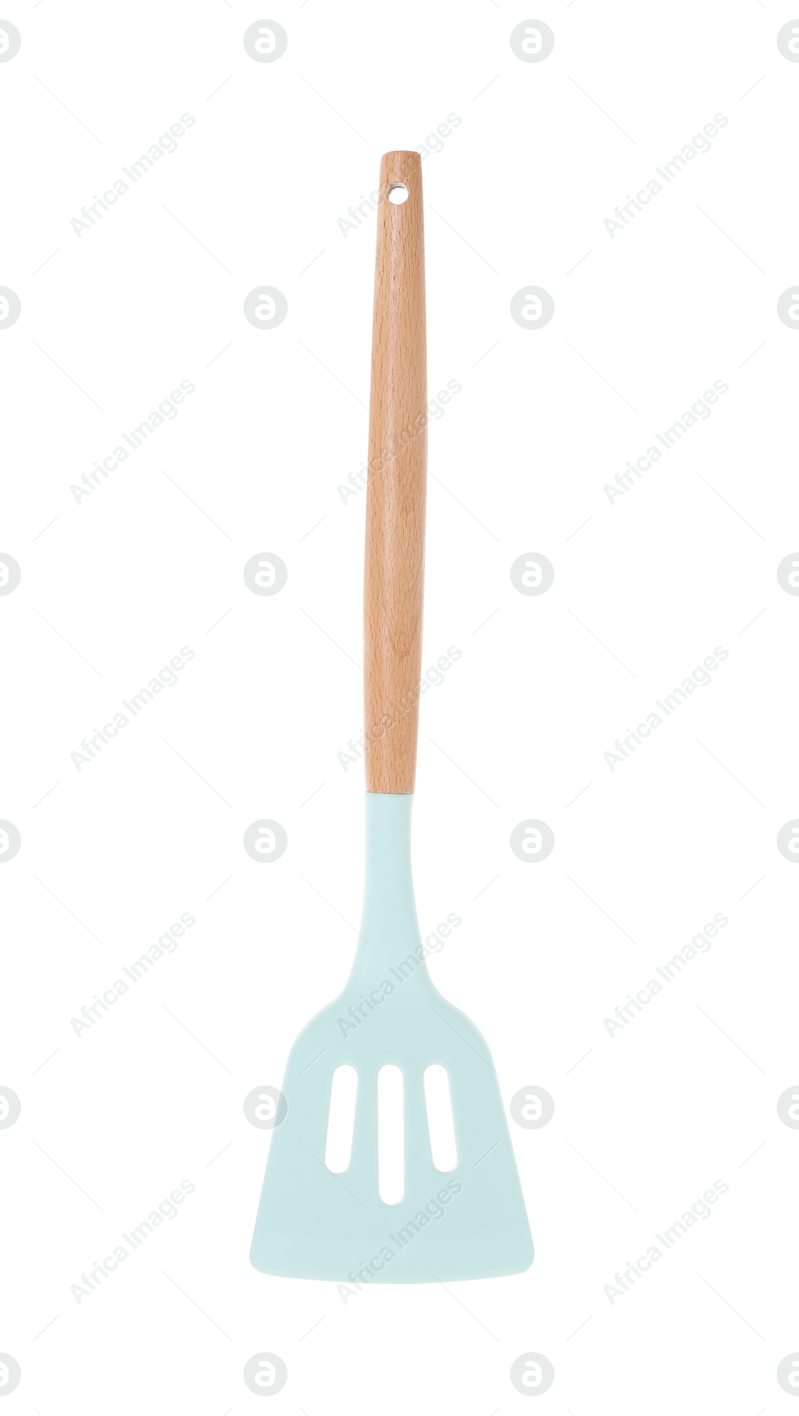 Photo of Slotted turner with wooden handle isolated on white. Kitchen utensil