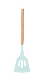 Slotted turner with wooden handle isolated on white. Kitchen utensil