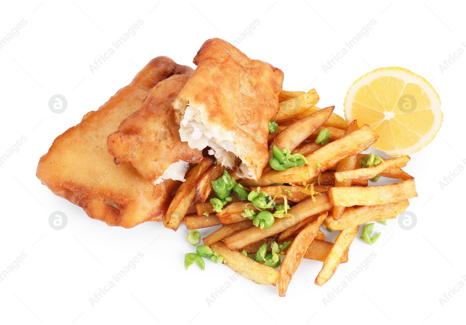 Photo of Tasty fish, chips, lemon and peas isolated on white, top view