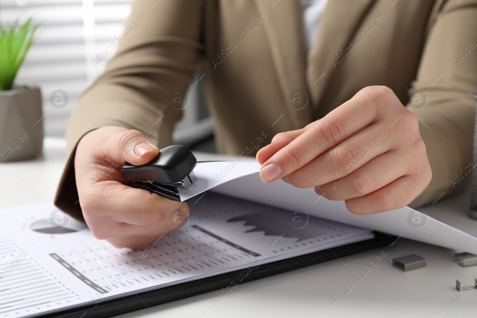 Photo of Woman with papers using stapler at white table indoors, closeup