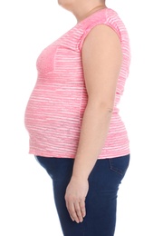 Overweight woman on white background, closeup. Weight loss