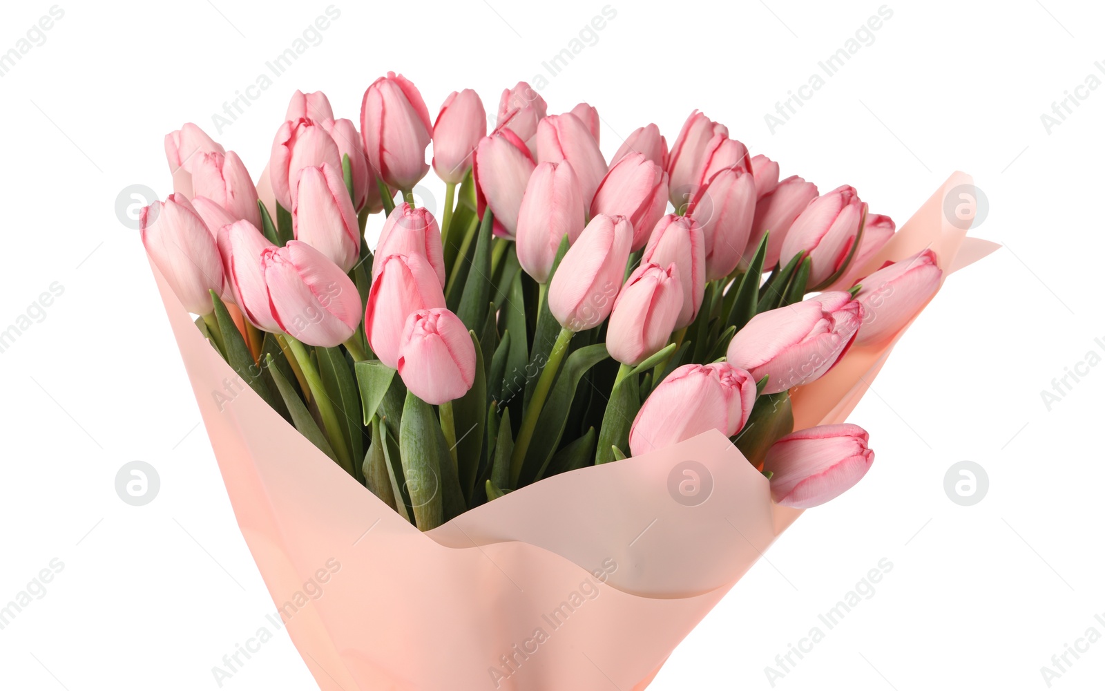 Photo of Bouquet of beautiful pink tulips isolated on white