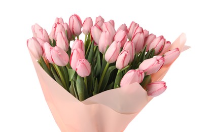 Photo of Bouquet of beautiful pink tulips isolated on white