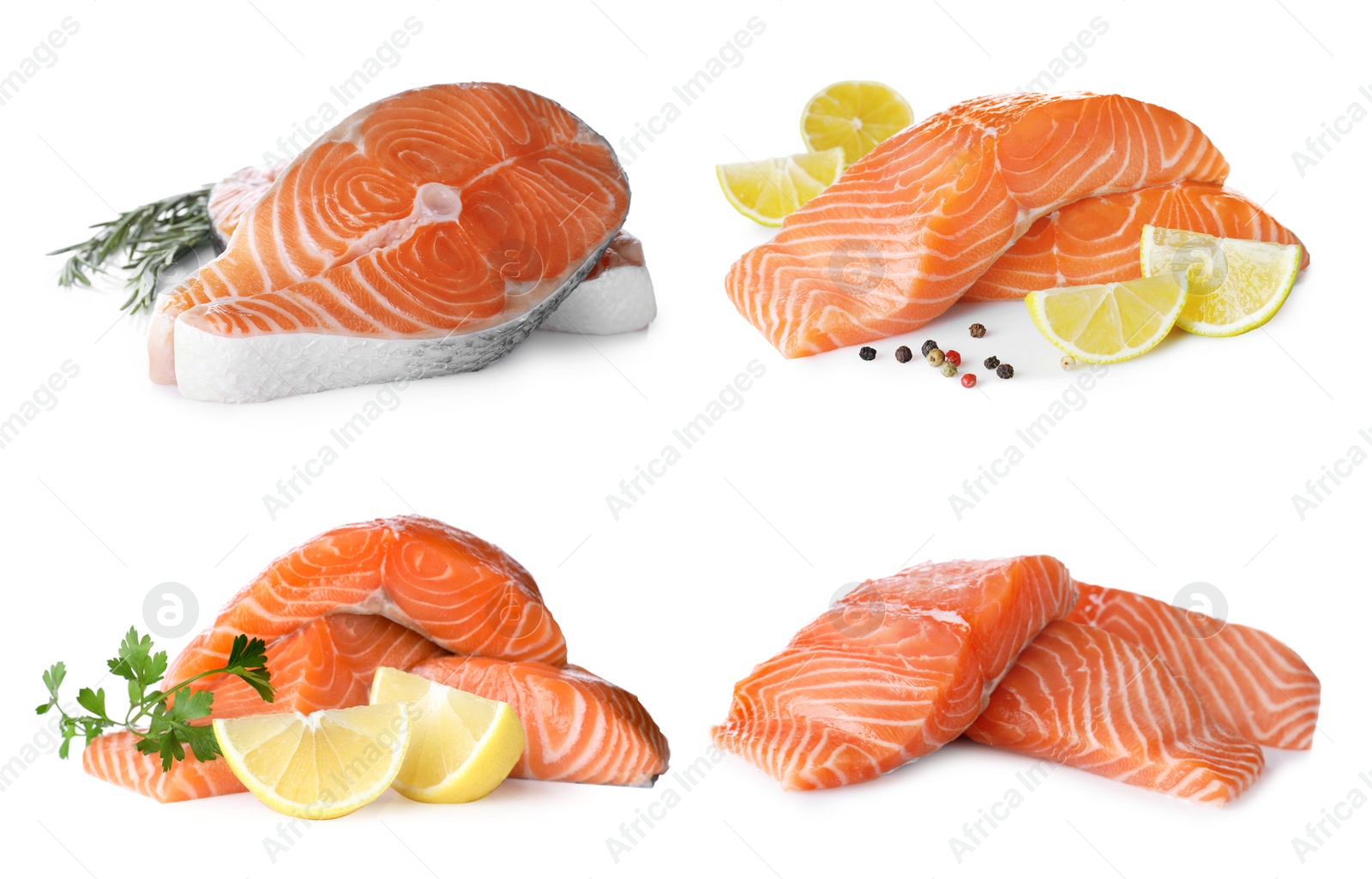 Image of Set of fresh raw salmon on white background. Fish delicacy