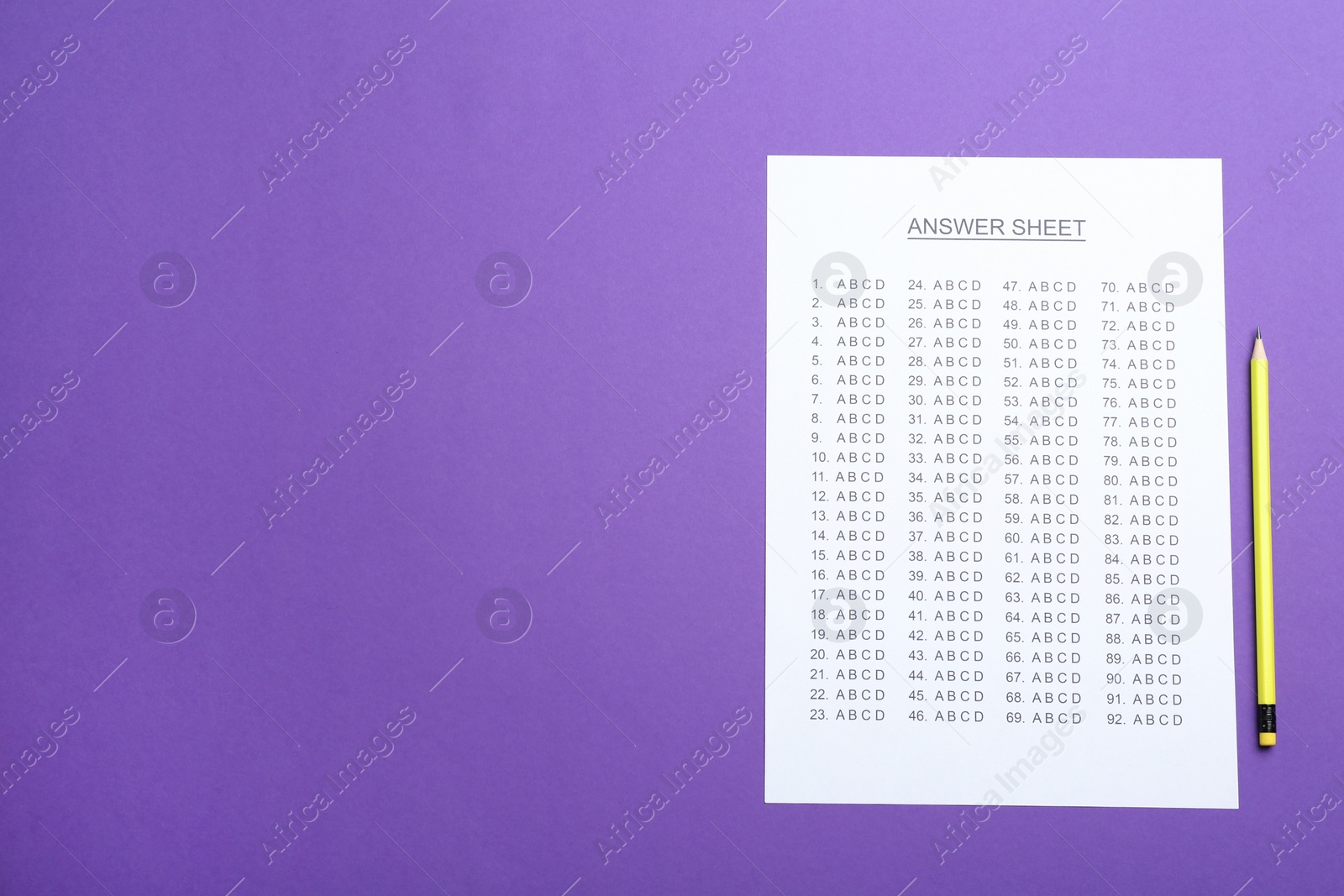 Photo of Answer sheet and pencil on color background, top view with space for text