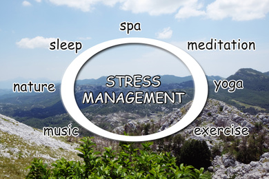Image of Stress management techniques scheme and mountain landscape on background