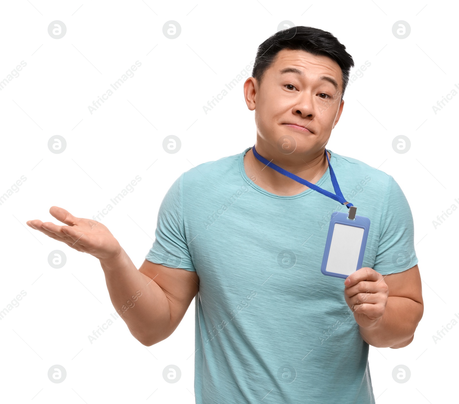 Photo of Upset asian man with vip pass badge on white background