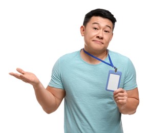 Photo of Upset asian man with vip pass badge on white background