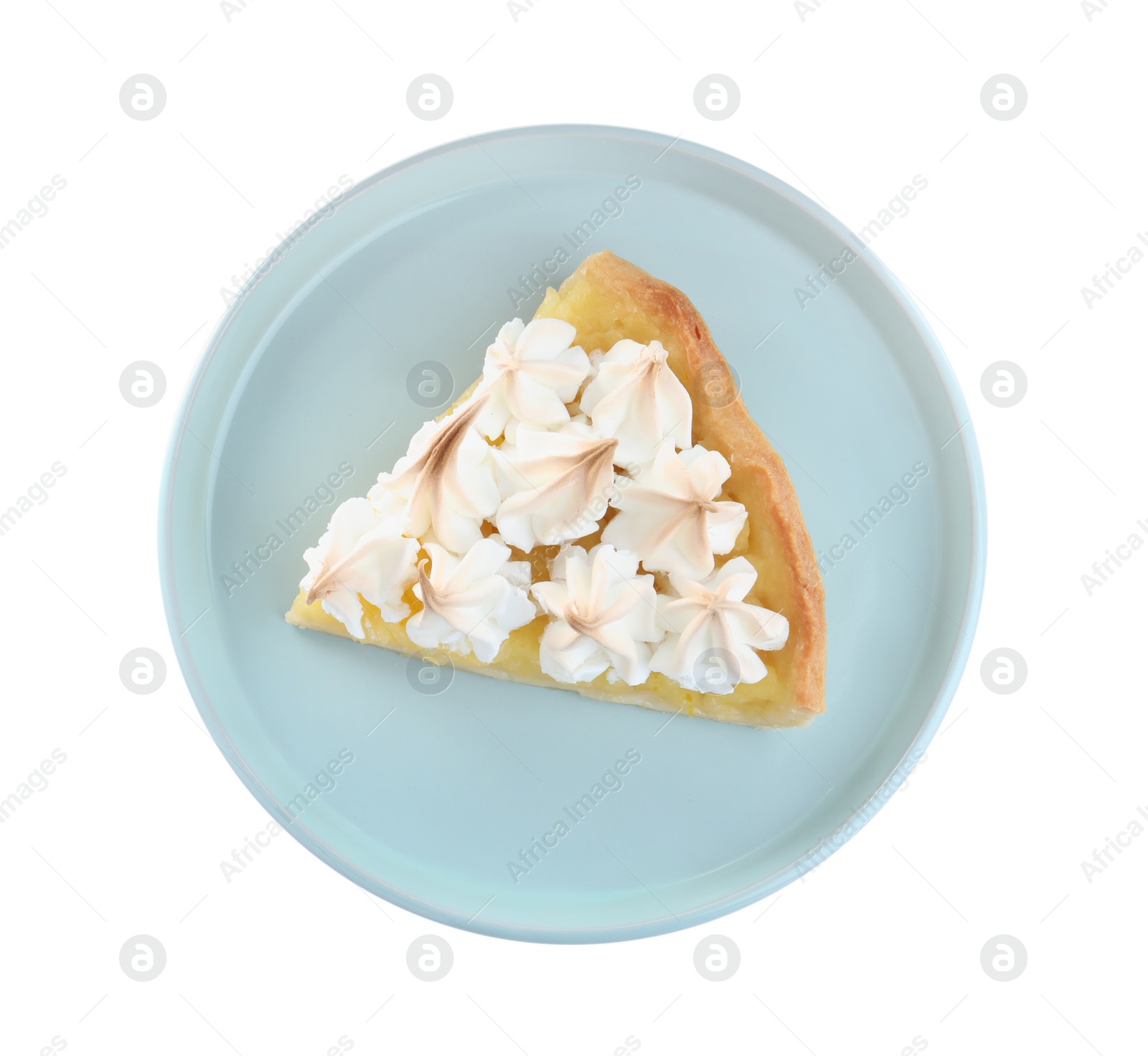 Photo of Piece of delicious lemon meringue pie with plate isolated on white, top view