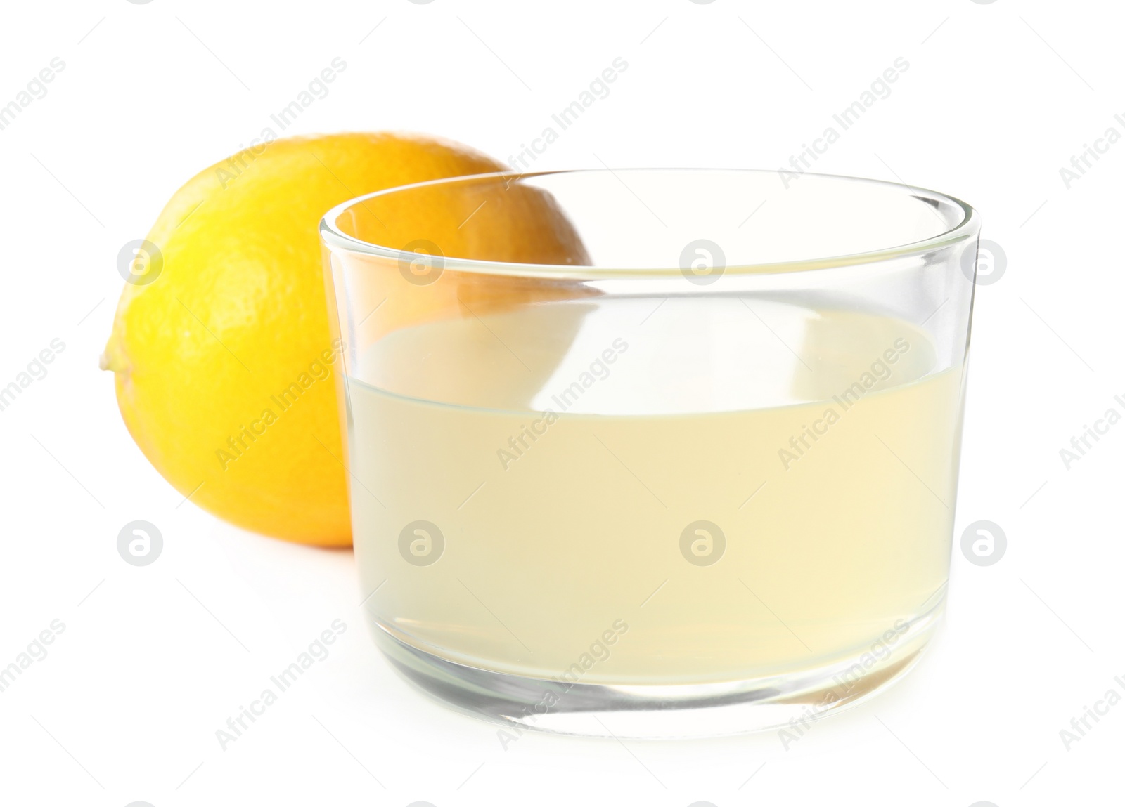 Photo of Freshly squeezed lemon juice on white background